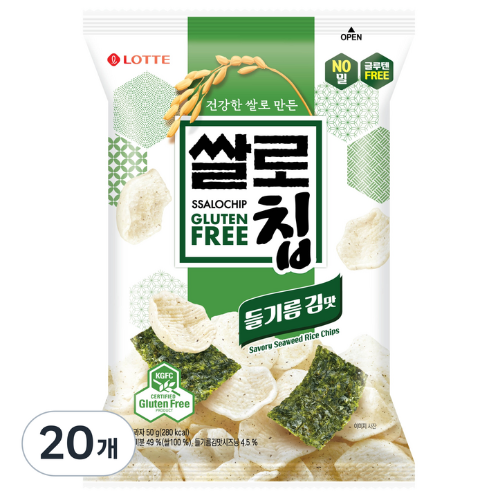 롯데웰푸드 쌀로칩 들기름 김맛, 50g, 20개