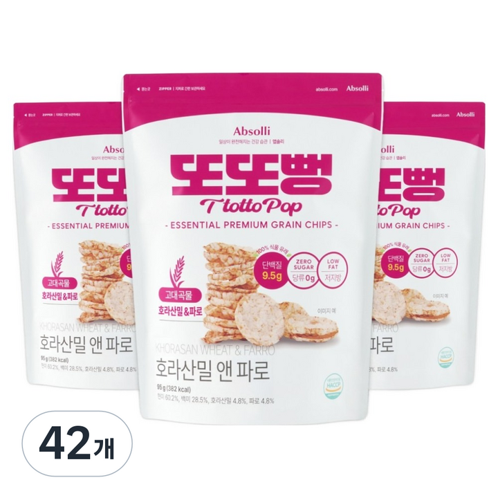 앱솔리 또또뻥 호라산밀 앤 파로 슈거제로 곡물칩, 42개, 95g