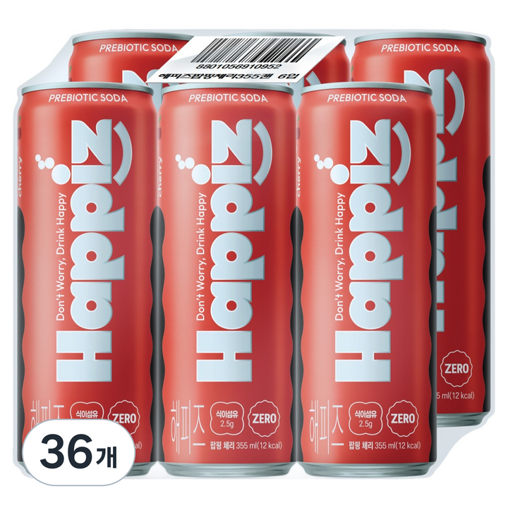 롯데칠성음료 해피즈 프리바이오틱 소다 팝핑체리, 36개, 355ml