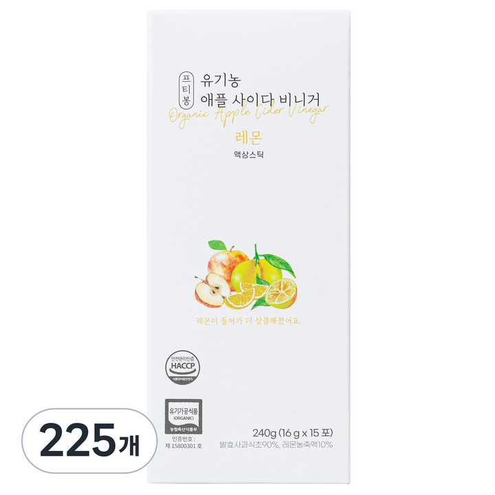 프티봉 유기농 애플 사이다 비니거 액상스틱 레몬, 16g, 225개