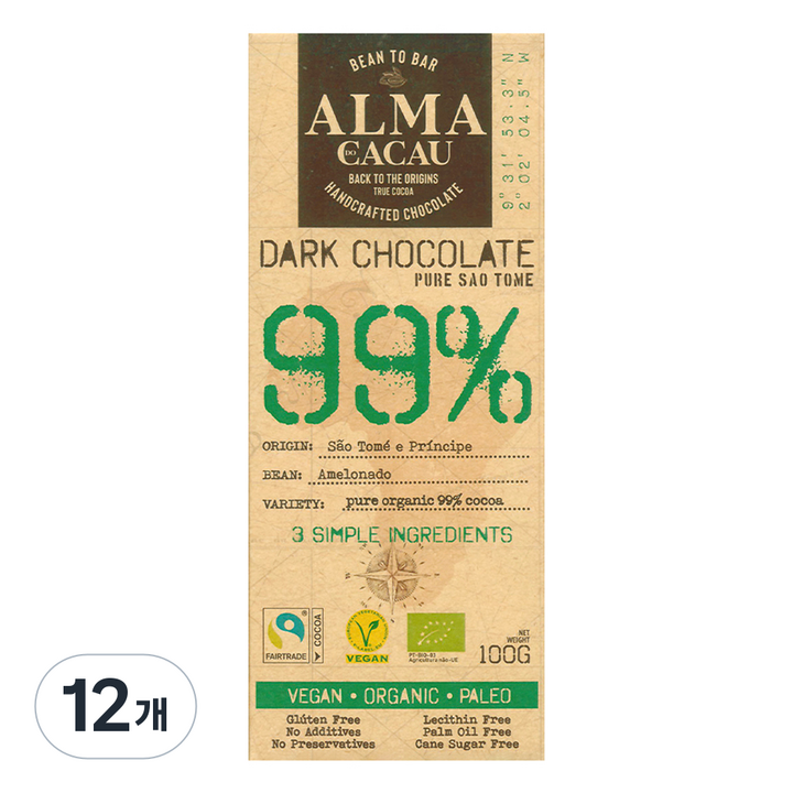 알마카카우 유기농 다크초콜릿 99%, 100g, 12개