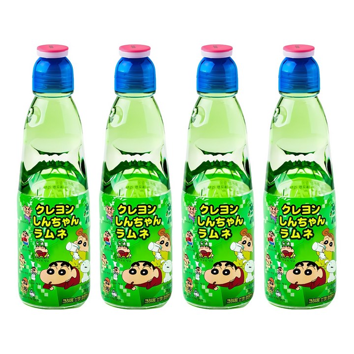 하타라무네 크레용 신짱 라무네 탄산음료 멜론맛, 200ml, 4개