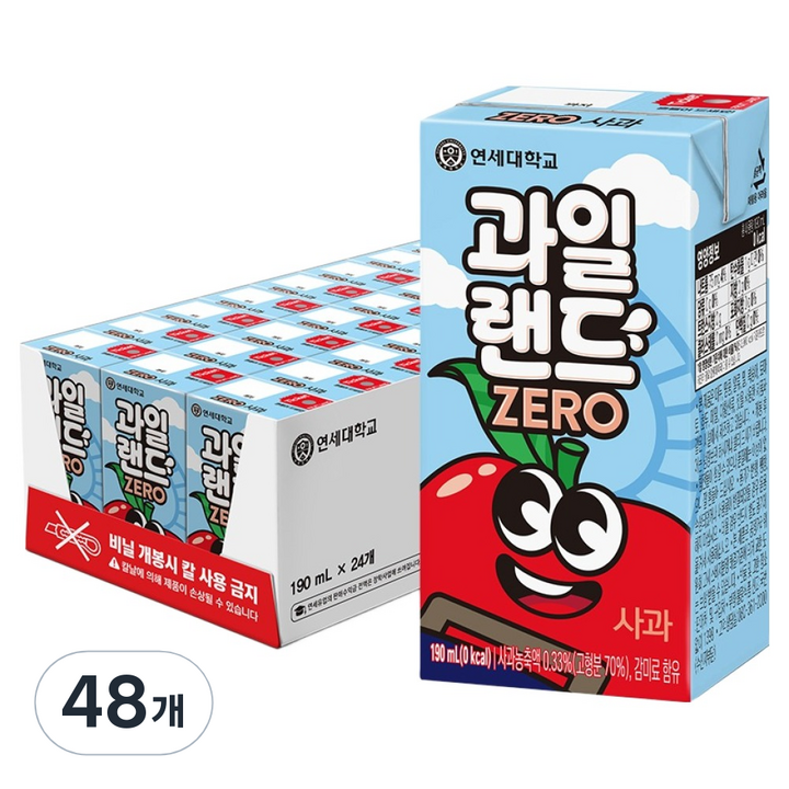 연세유업 연세우유 과일랜드 제로 사과, 48개, 190ml