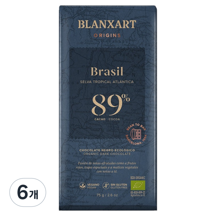 블랑사르트 유기농 다크 89% 빈투바초콜릿, 75g, 6개