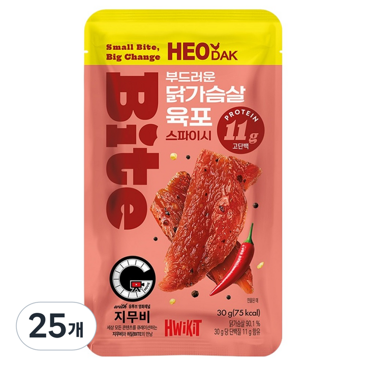 허닭 지무비 BITE 부드러운 닭가슴살 육포 스파이시, 30g, 25개
