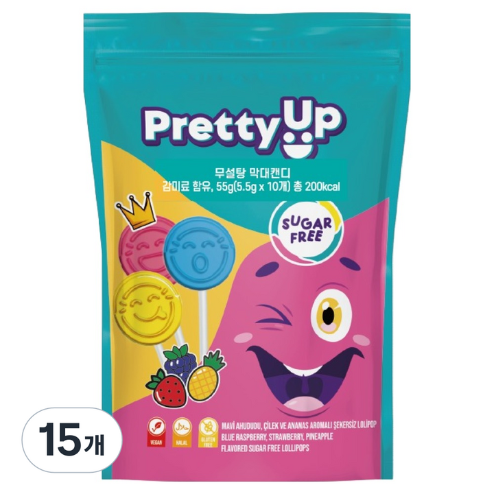 드루칸 프리티업 무설탕 막대 캔디 10p, 55g, 15개