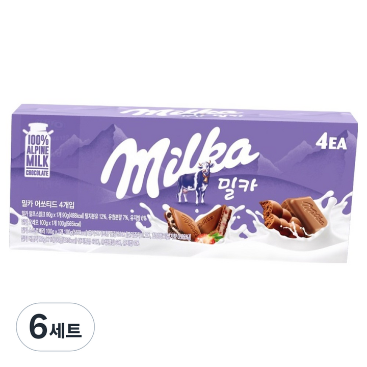 밀카 어쏘티드 밀크 + 스트로베리 + 오레오 + 버블리 초콜릿, 380g, 6세트