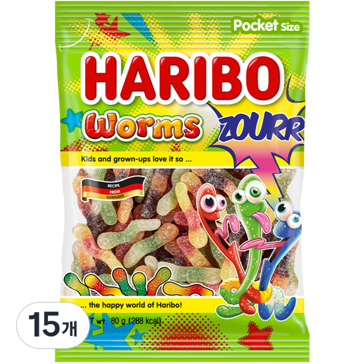 하리보 웜즈 사우어 젤리, 80g, 15개
