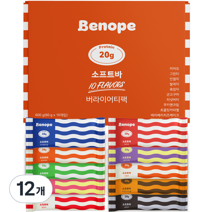 베노프 프로틴 소프트바 60g x 10종 버라이어티 세트, 12개, 600g
