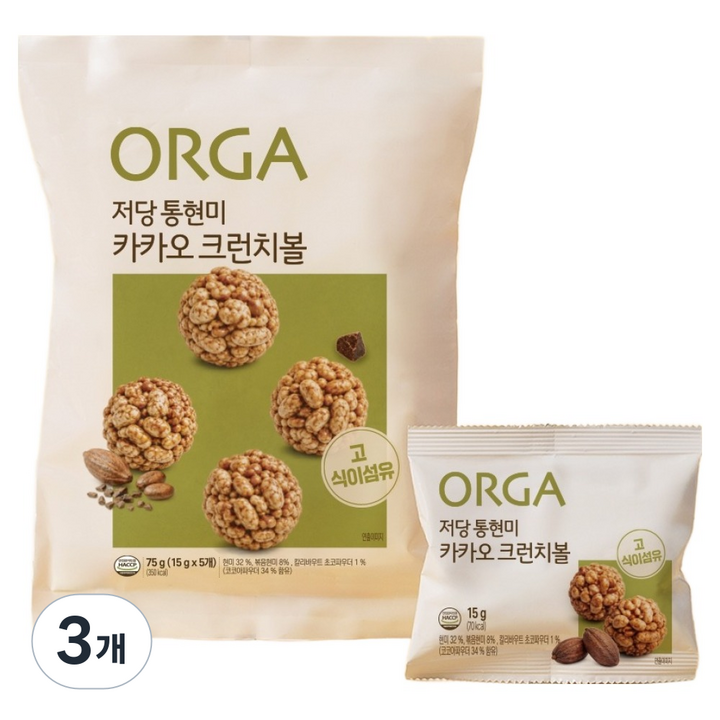 올가홀푸드 저당 통현미 카카오 크런치볼 5p, 75g, 3개