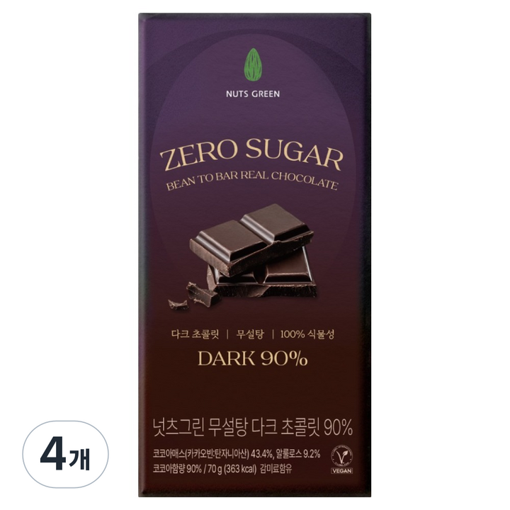 넛츠그린 무설탕 다크 초콜릿 90%, 70g, 4개