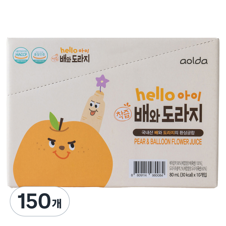 아올다 헬로아이 착즙 배와도라지, 80ml, 150개