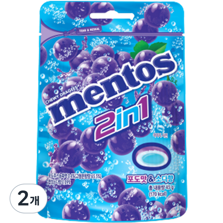 멘토스 2in1 그레이프소다향 캔디, 45g, 2개
