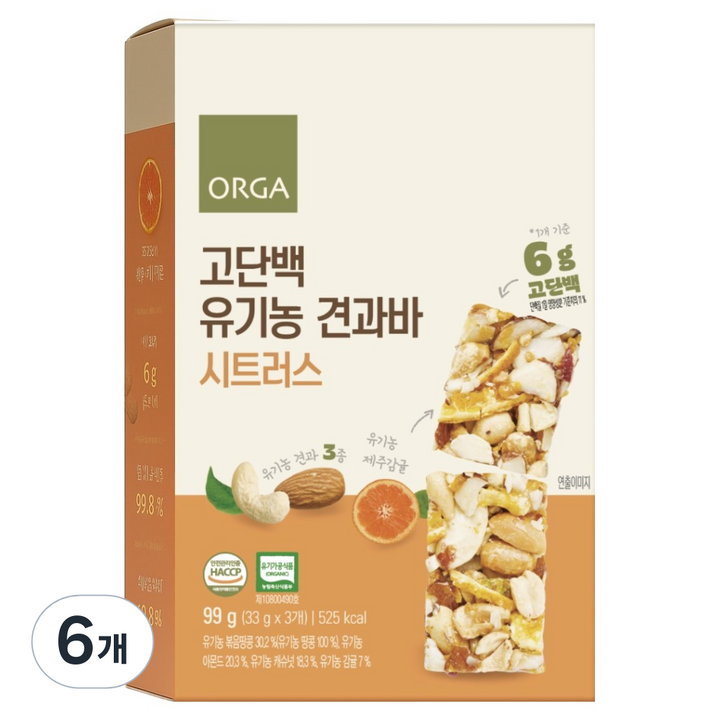 올가홀푸드 고단백 유기농 견과바 시트러스, 99g, 6개