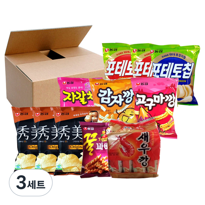 농심 감자깡 42g + 고구마깡 45g + 자갈치 45g + 꿀꽈배기 55g + 새우깡 미니 30g x 4p + 수미칩 오리지널 55g x 3p + 포테토칩 오리지널 60g x 2p + 사워크림어니언 60g, 3세트