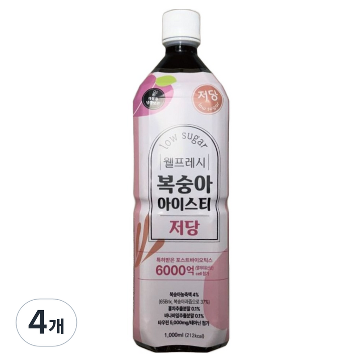 웰프레시 복숭아 저당 아이스티, 4개, 1L
