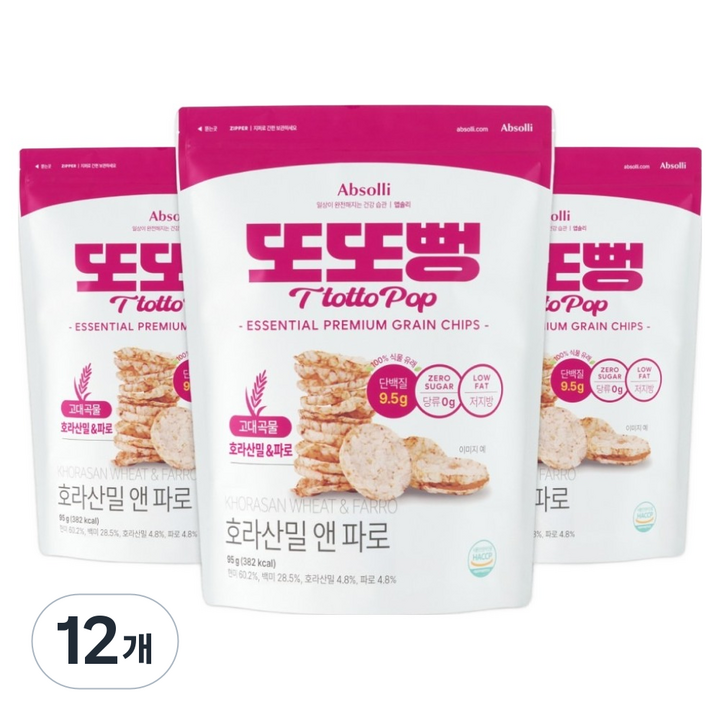 앱솔리 또또뻥 호라산밀 앤 파로 슈거제로 곡물칩, 12개, 95g