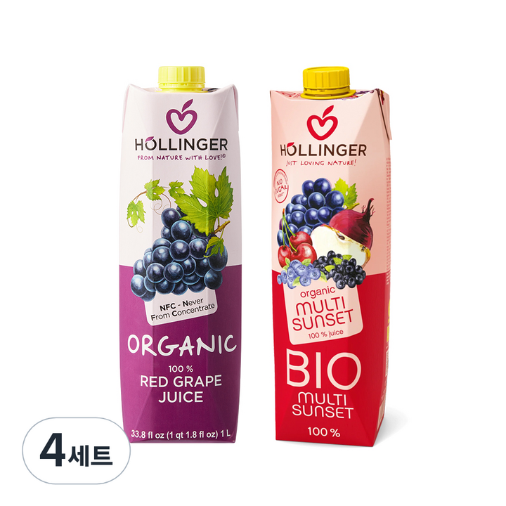 홀링거 유기농 레드그레이프 1L + 멀티 선셋주스 1L 세트, 4세트