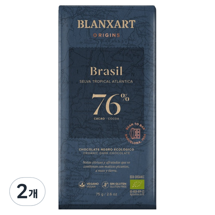 블랑사르트 유기농 다크 76% 빈투바 초콜릿, 2개, 75g