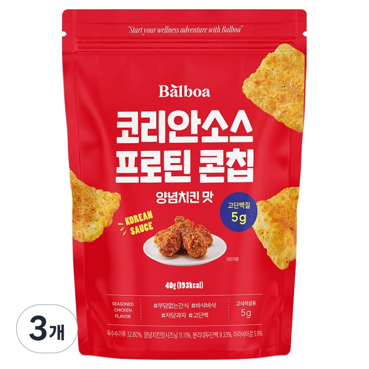 발보아 코리안소스 프로틴 콘칩 양념치킨 맛, 40g, 3개