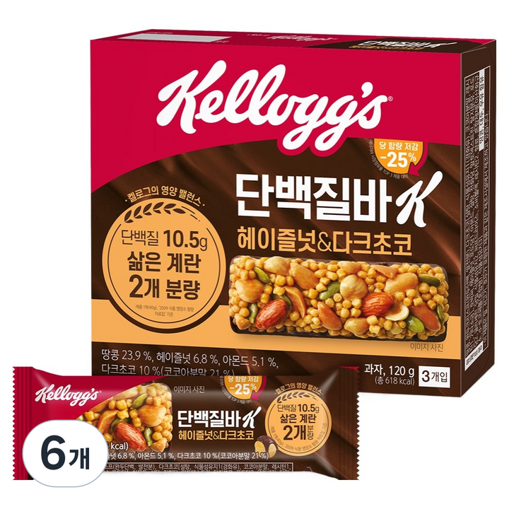 켈로그 단백질바K 헤이즐넛 & 다크초코, 120g, 6개