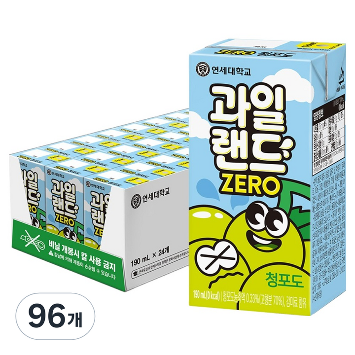 연세유업 과일랜드 제로 청포도, 96개, 190ml