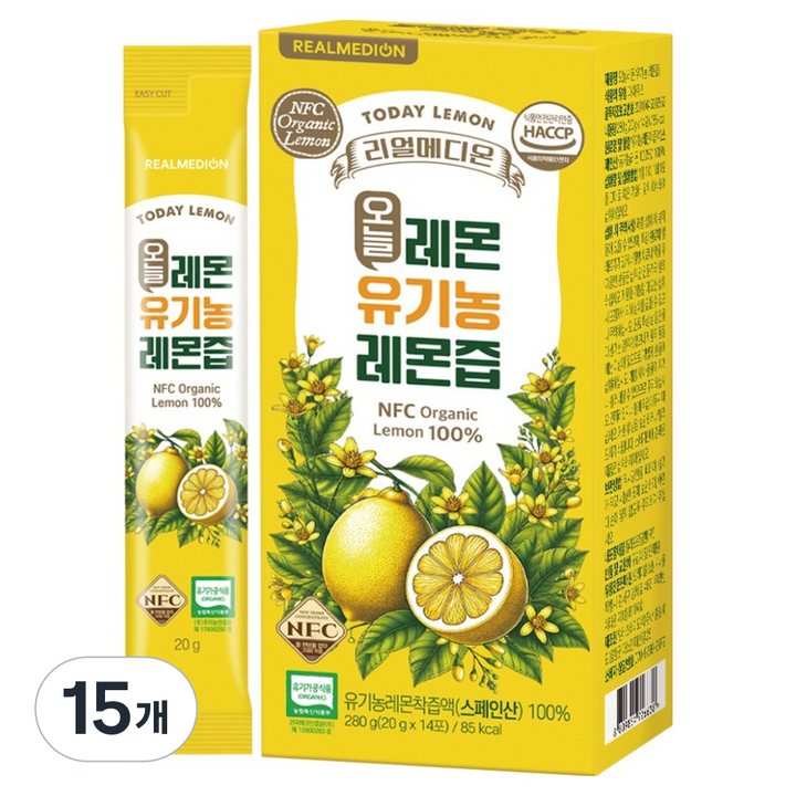 리얼메디온 오늘레몬 유기농 레몬즙 스틱, 280g, 15개