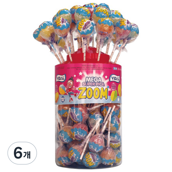 비달 메가 수퍼 피카 줌 필드 위드 버블껌 막대사탕, 20g, 6개
