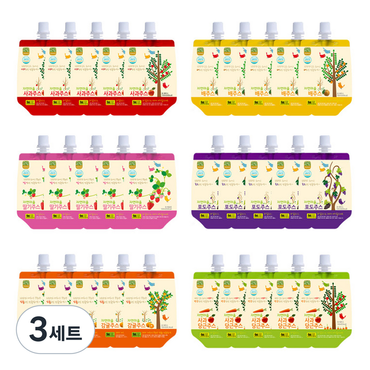 자연마을 착즙주스 사과 100ml x 5p + 배 100ml x 5p + 딸기 100ml x 5p + 포도 100ml x 5p + 제주감귤 100ml x 5p + 사과당근 100ml x 5p, 3세트