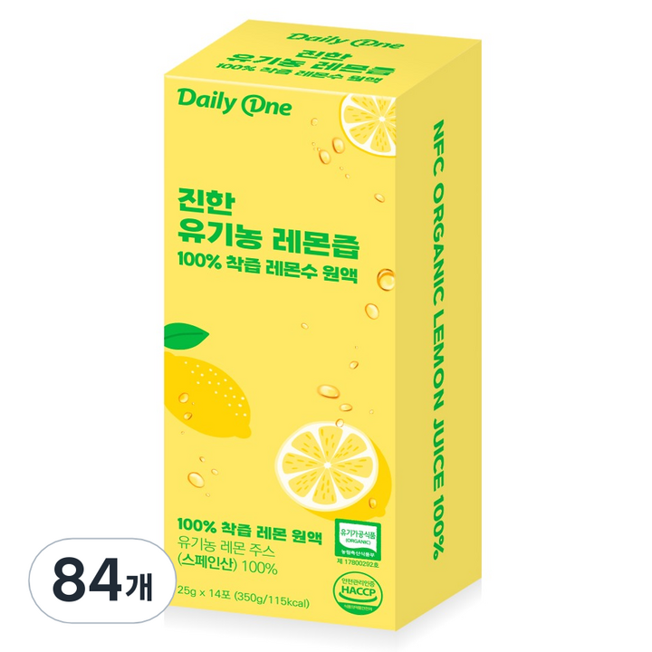 데일리원 진한 유기농 레몬즙 100% 착즙 레몬수 원액, 25g, 84개