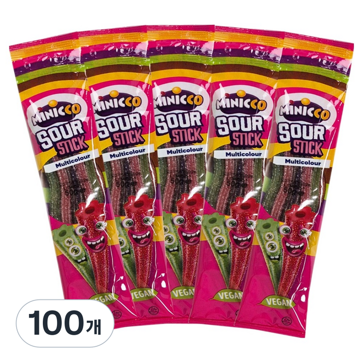 미니꼬 비건젤리 멀티컬러 사우어 롱롱 스틱, 50g, 100개