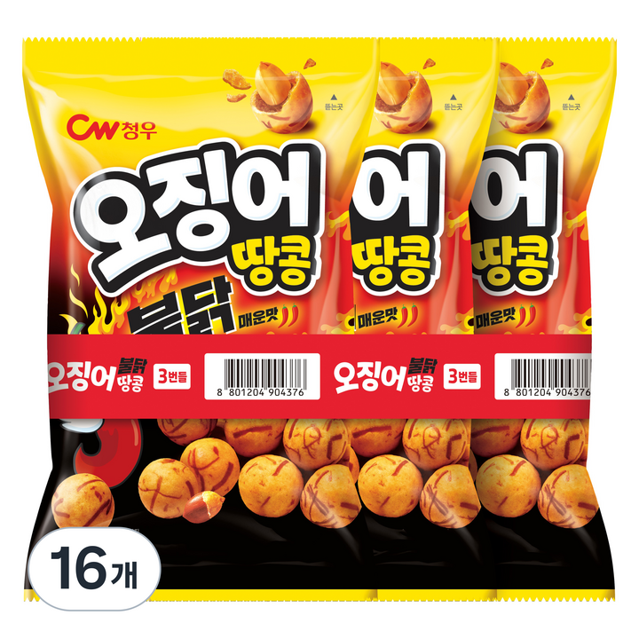 청우식품 오징어땅콩 불닭맛 3p, 270g, 16개