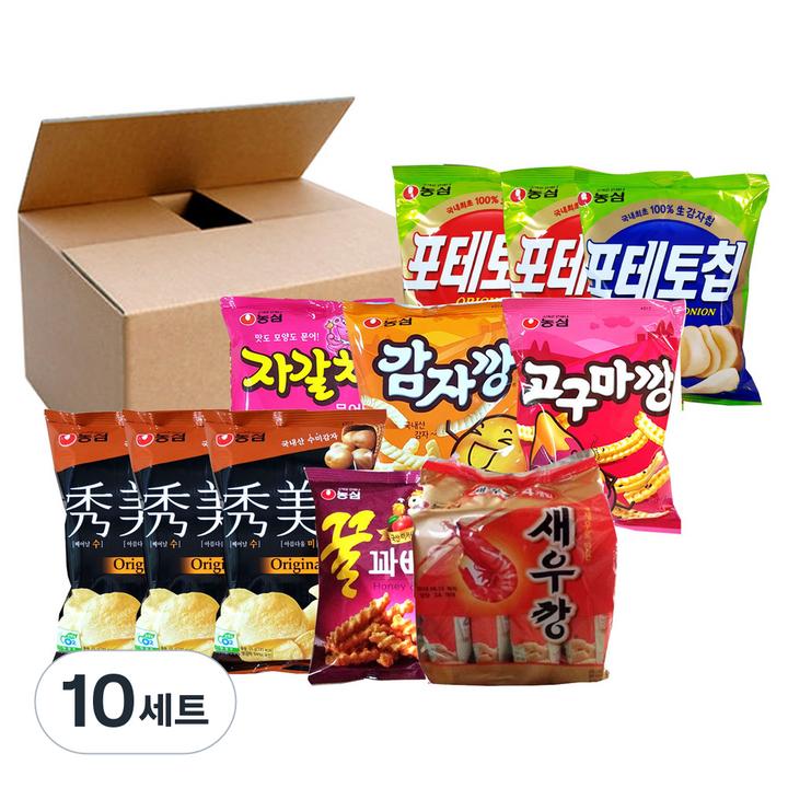 농심 감자깡 42g + 고구마깡 45g + 자갈치 45g + 꿀꽈배기 55g + 새우깡 미니 30g x 4p + 수미칩 오리지널 55g x 3p + 포테토칩 오리지널 60g x 2p + 사워크림어니언 60g, 10세트