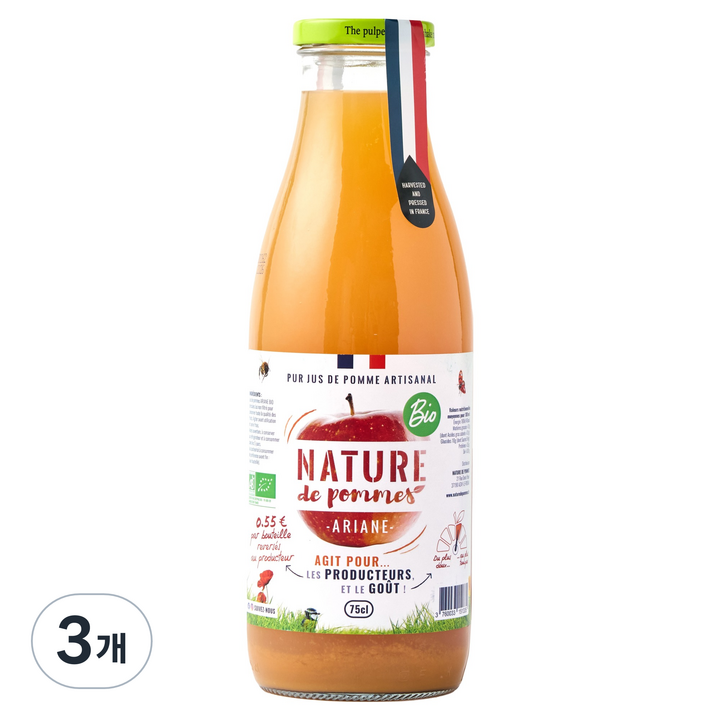 네이쳐 유기농 아리안 착즙 사과주스, 3개, 750ml