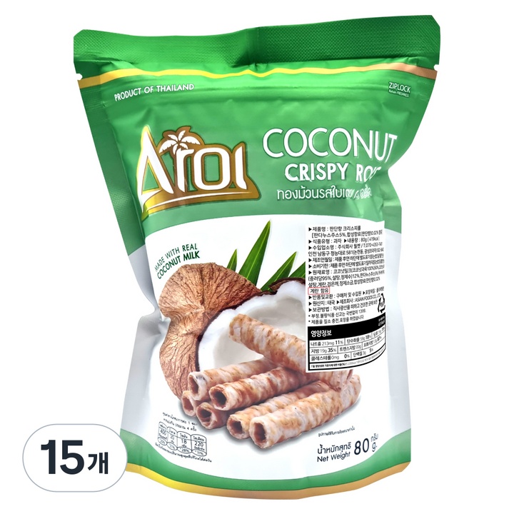 아로이 코코넛 크리스피 롤 판단향, 15개, 80g