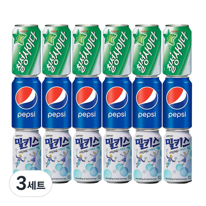 [안녕골목마켓]뚱캔3종_펩시콜라6캔+칠성사이다6캔+밀키스6캔, 3세트, 355ml