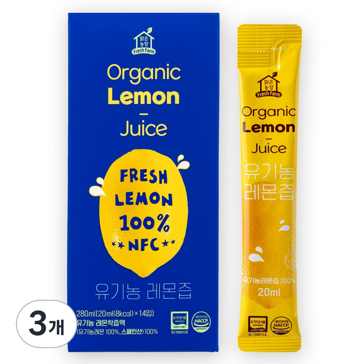 맑은농장 NFC 착즙 유기농 레몬즙 14p, 280ml, 3개
