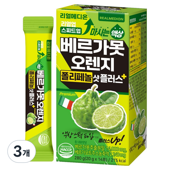 리얼메디온 리얼업 스피드업 마시는 액상 베르가못 오렌지 폴리페놀 샷 플러스 14p, 280g, 3개