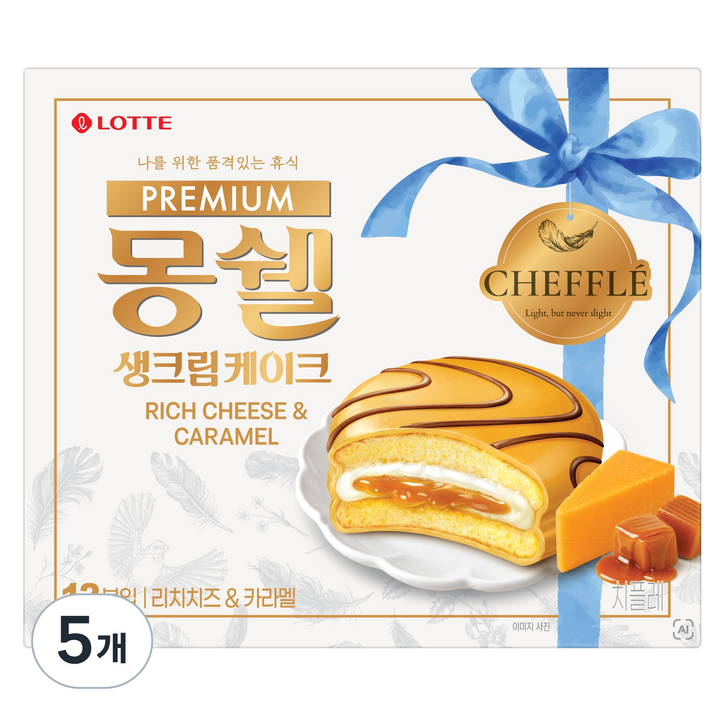 몽쉘 생크림 케이크 리치 치즈 & 카라멜 치플레, 444g, 5개