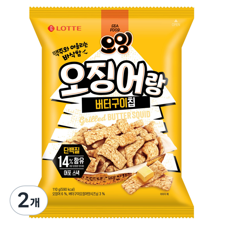 롯데웰푸드 오잉 오징어랑 버터구이칩, 110g, 2개