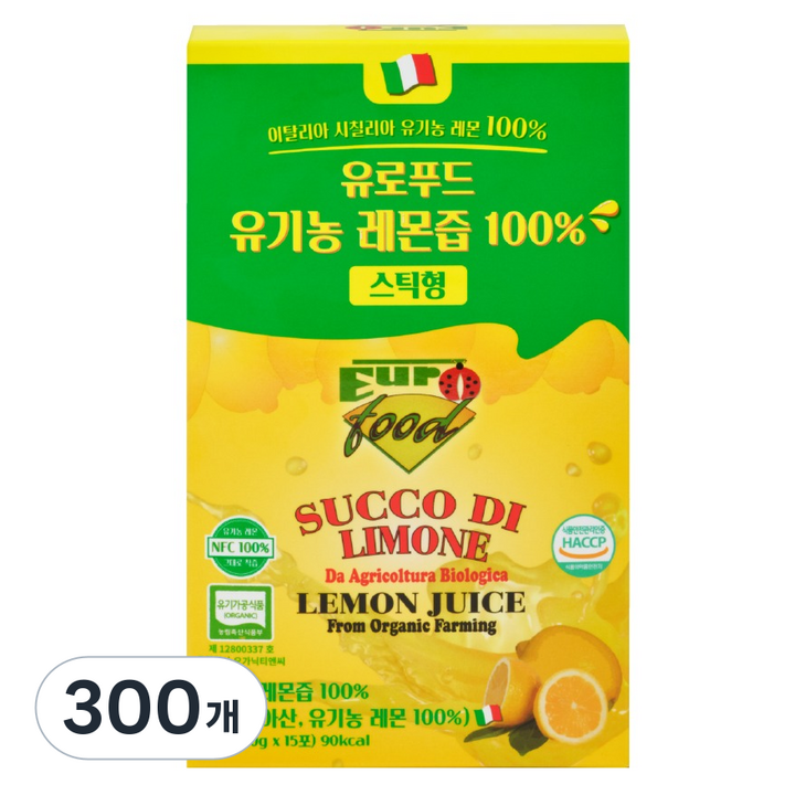 유로푸드 유기농 레몬즙 100% 스틱형, 20g, 300개