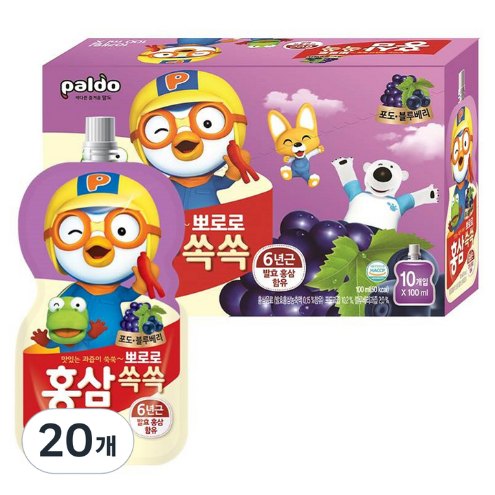 팔도 뽀로로 홍삼쏙쏙 어린이 음료, 100ml, 20개