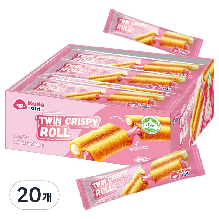 케케걸 트윈 크리스피 롤 밀크 딸기맛 30p, 360g, 20개