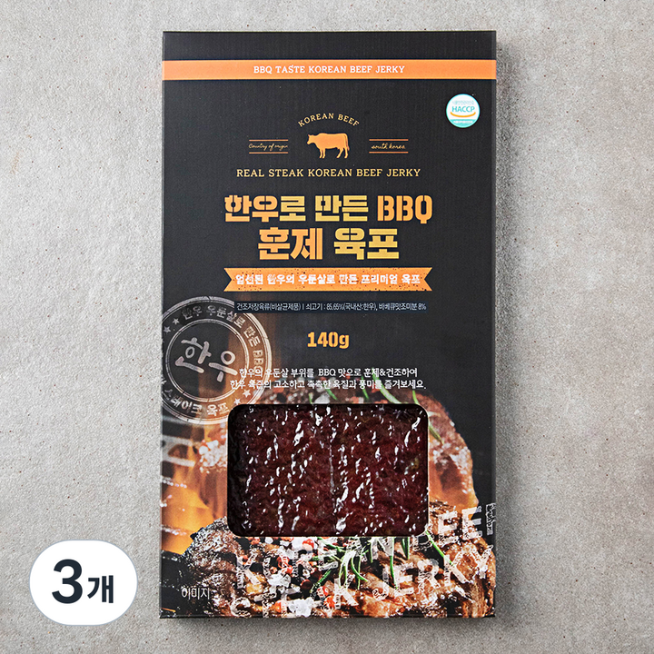 한우로 만든 BBQ 훈제 육포, 140g, 3개