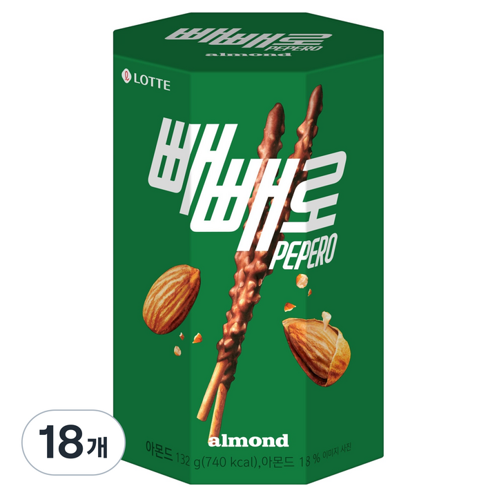 빼빼로 아몬드, 132g, 18개