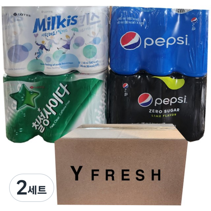 밀키스 190ml x 6 칠성사이다 190ml x 6 펩시콜라 190ml x 6 펩시 제로 슈거 라임향 190ml x 6 + yfresh박스, 2세트