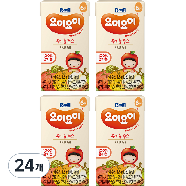 요미요미 유기농 주스 사과 배, 125ml, 24개