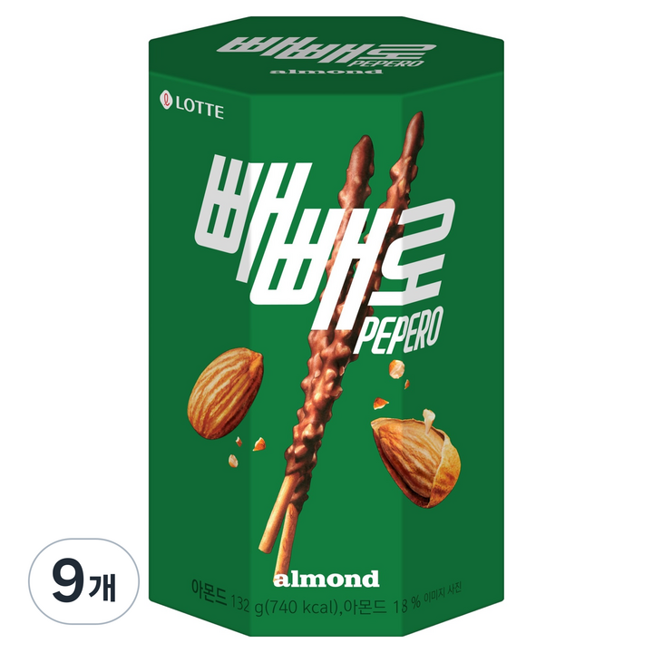 빼빼로 아몬드, 132g, 9개