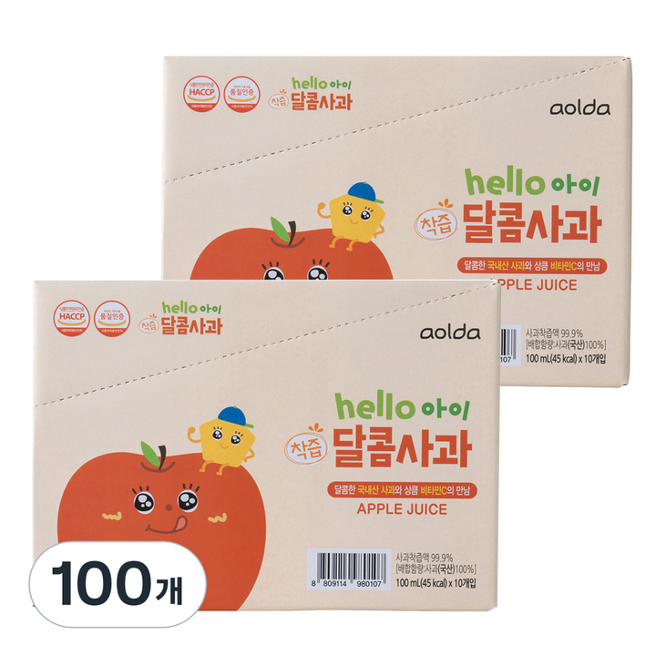 아올다 헬로아이 착즙 달콤사과, 100ml, 100개