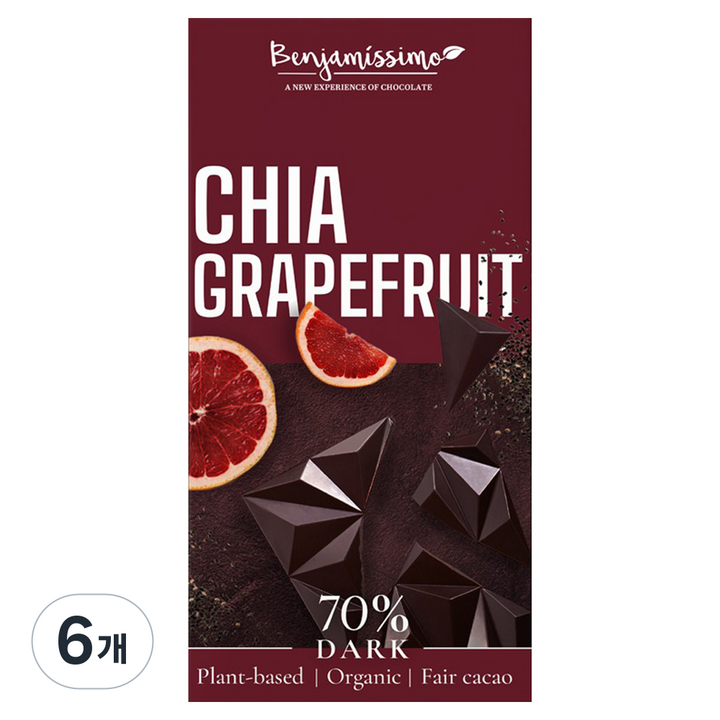 벤자미시모 유기농 치아자몽 다크 70 초콜릿, 60g, 6개
